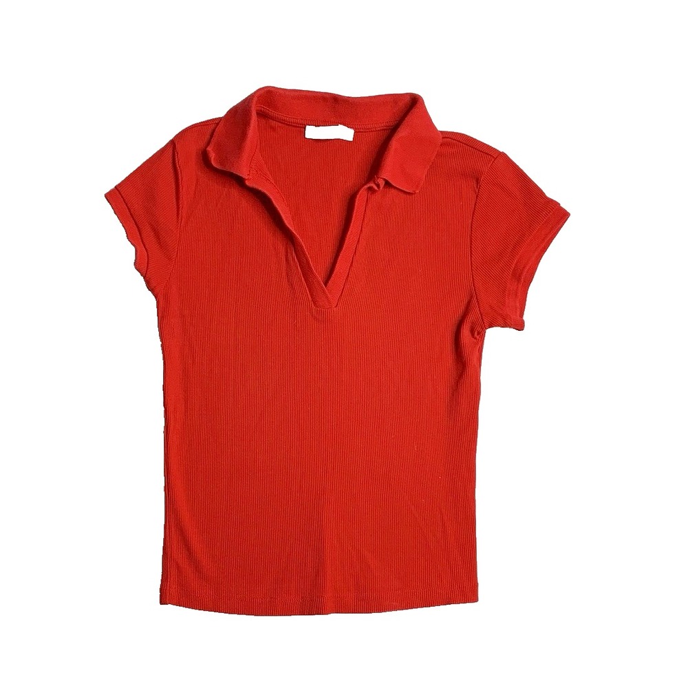 Stradivarius Womens Red Striped Ribbed Woman's Polo V Neck Size S